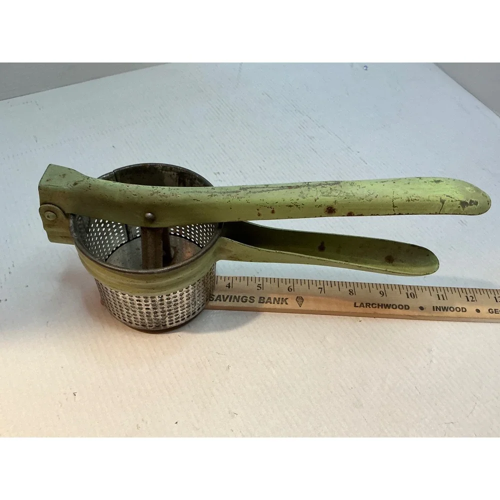 Vintage Potato Ricer Green Metal Hand Press Fruit Masher Farmhouse